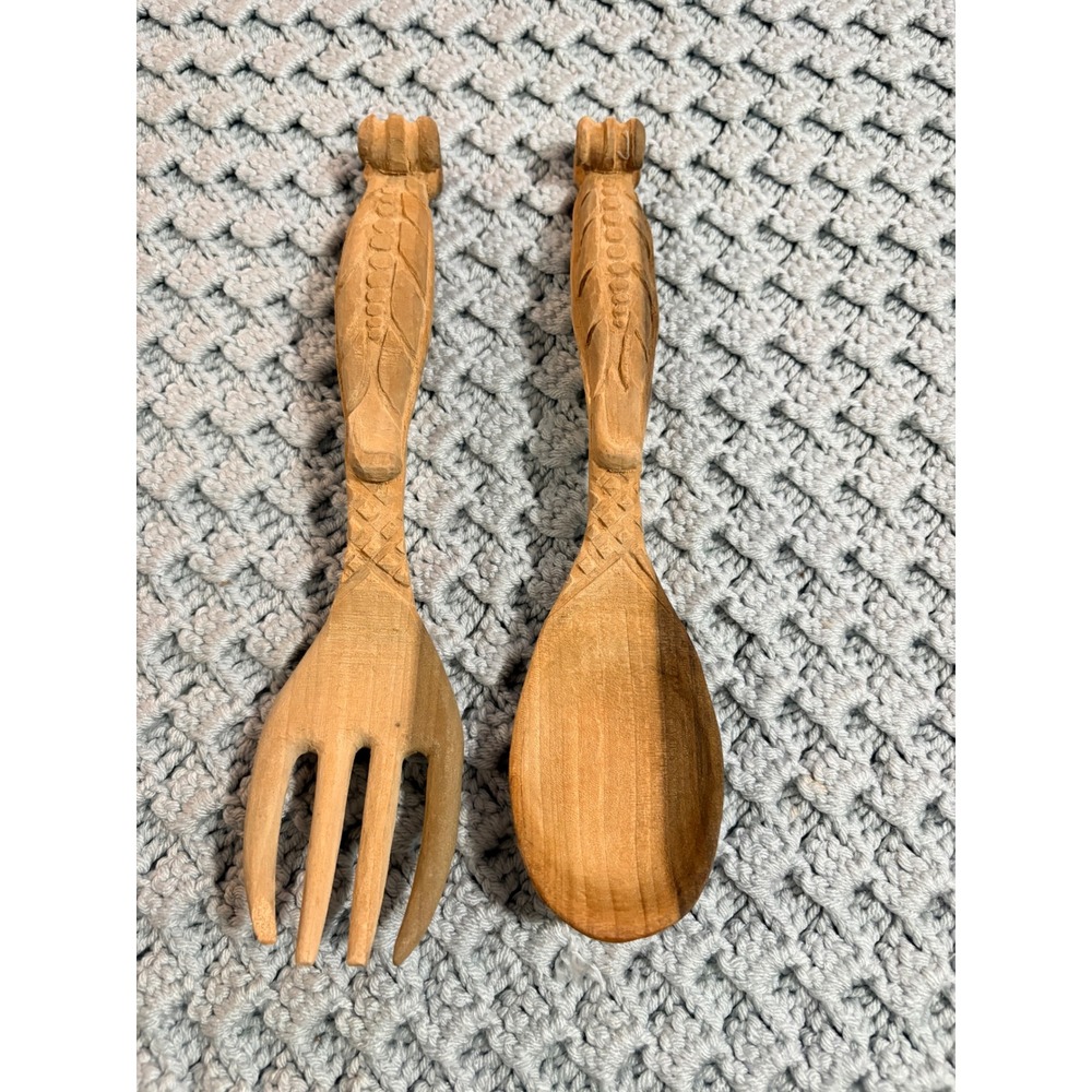Hand Carved Wooden Salad Serving Set Folk Art Rustic Fork and Spoon 2 Piece